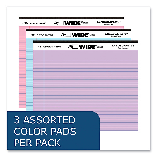 Roaring Spring WIDE Landscape Format Writing Pad, Medium/College Rule, 40 Assorted Colors 11 x 9.5 Sheets, 12/Carton (74535CS)