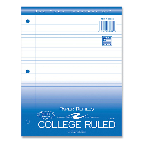 Roaring Spring Loose Leaf Paper, 8.5 x 11, 3-Hole Punched, College Rule, White, 500 Sheets/Pack, 5 Packs/Carton (83909CS)