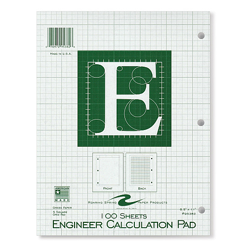Roaring Spring Engineer Pad, (0.5" Margins), Quad Rule (5 sq/in, 1 sq/in) 100 Light Green 8.5 x 11 Sheets/Pad, 24/Carton (95382CS)