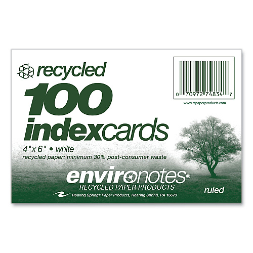 Roaring Spring Environotes Recycled Index Cards, Narrow Ruled, 4 x 6, White, 100 Cards, 36/Carton (74834CS)