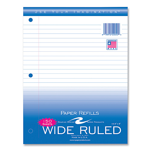 Roaring Spring Loose Leaf Paper, 8 x 10.5, 3-Hole Punched, Wide Rule, White, 150 Sheets/Pack, 24 Packs/Carton (20050CS)