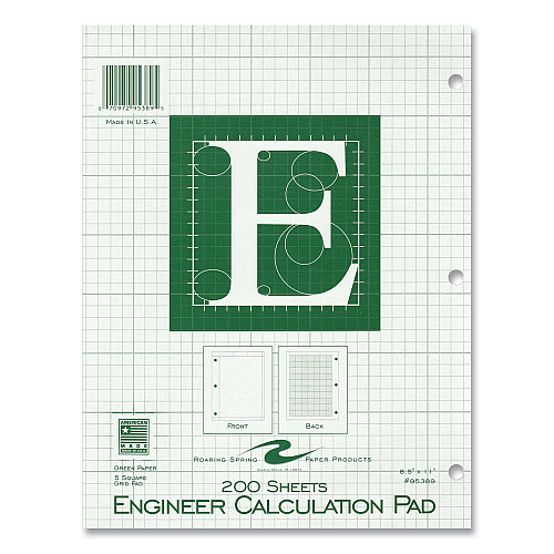 Roaring Spring Engineer Pad, (0.5" Margins), Quad Rule (5 sq/in, 1 sq/in), 200 Light Green 8.5 x 11 Sheets/Pad, 12/Carton (95389CS)