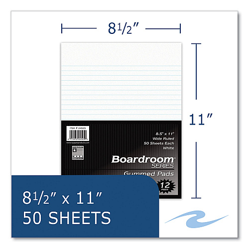 Roaring Spring Boardroom Gummed Pad, Wide Rule, 50 White 8.5 x 11 Sheets, 72/Carton (24525CS)