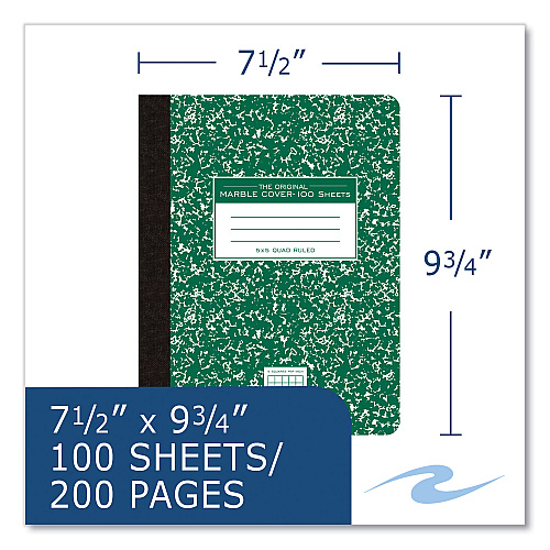 Roaring Spring Hardcover Composition Book, Quadrille 5 sq/in Rule, Green Marble Cover, (100) 9.75 x 7.5 Sheets, 24/Carton (77255CS)