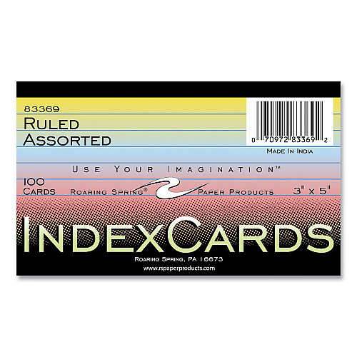 Roaring Spring Colored Index Cards, 3 x 5, Assorted Colors, 100/Pack, 36 Packs/Carton (83369CS)
