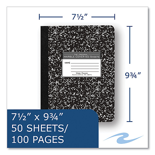 Roaring Spring Hardcover Marble Composition Book, Wide/Legal Rule, Black Marble Cover, (50) 9.75 x 7.5 Sheets, 48/Carton (77220CS)