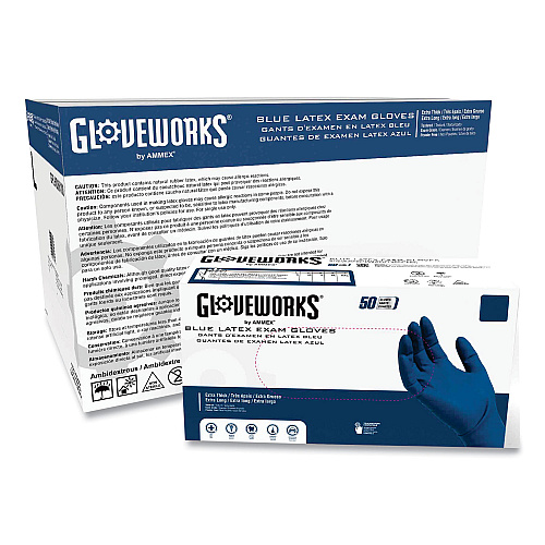 GloveWorks by AMMEX Latex Exam Gloves, Powder-Free, Medium, Blue, 50 Gloves/Box, 10 Boxes/Carton (GPLHD84100)