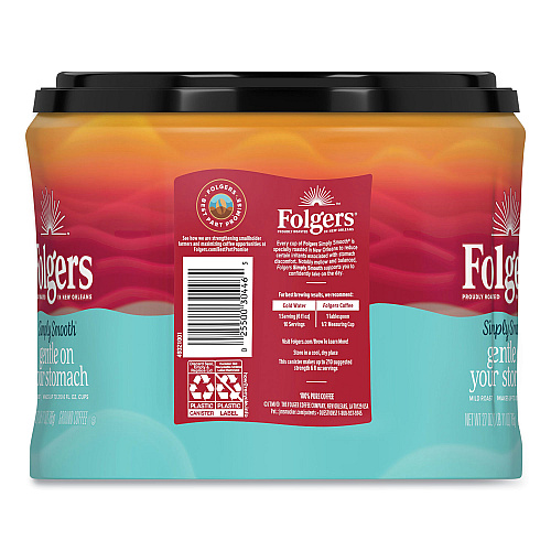 Folgers Simply Smooth Ground Coffee, Gentle On Your Stomach, 27 oz Canister, 6/Carton (30446CT)