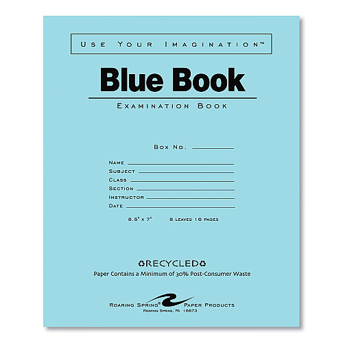 Roaring Spring Recycled Exam Book, Wide/Legal Rule, Blue Cover, (8) 8.5 x 7 Sheets, 600/Carton (77608CS)