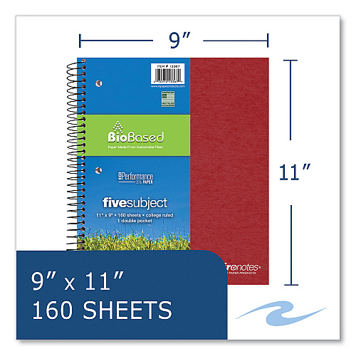 Roaring Spring Earthtones BioBased 5 Subject Notebook, Medium/College Rule, Randomly Assorted Covers, (160) 11x9 Sheets, 12/Carton (13367CS)