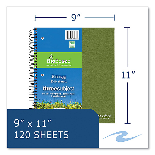 Roaring Spring Earthtones BioBased 3 Subject Notebook, Medium/College Rule, Randomly Assorted Covers, (120) 11 x 9 Sheets, 24/Carton (13365CS)