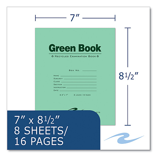 Roaring Spring Recycled Exam Book, Wide/Legal Rule, Green Cover, (8) 8.5 x 7 Sheets, 600/Carton (77508CS)