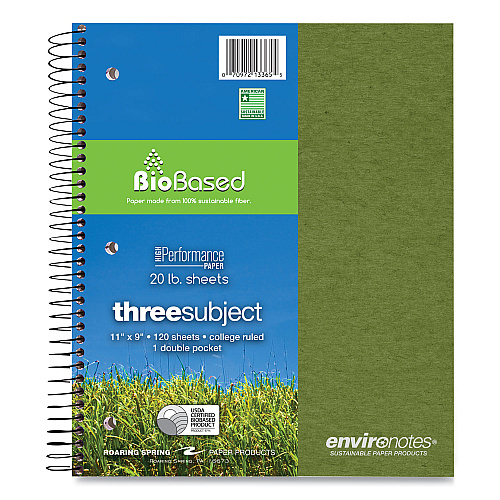 Roaring Spring Earthtones BioBased 3 Subject Notebook, Medium/College Rule, Randomly Assorted Covers, (120) 11 x 9 Sheets, 24/Carton (13365CS)