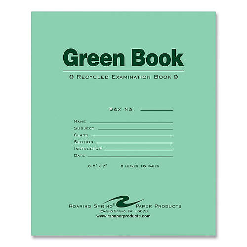 Roaring Spring Recycled Exam Book, Wide/Legal Rule, Green Cover, (8) 8.5 x 7 Sheets, 600/Carton (77508CS)