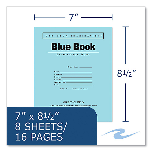 Roaring Spring Recycled Exam Book, Wide/Legal Rule, Blue Cover, (8) 8.5 x 7 Sheets, 600/Carton (77608CS)