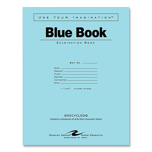 Roaring Spring Recycled Exam Book, Wide/Legal Rule, Blue Cover, (8) 11 x 8.5 Sheets, 500/Carton (77609CS)