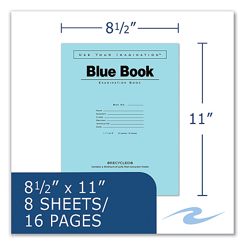 Roaring Spring Recycled Exam Book, Wide/Legal Rule, Blue Cover, (8) 11 x 8.5 Sheets, 500/Carton (77609CS)