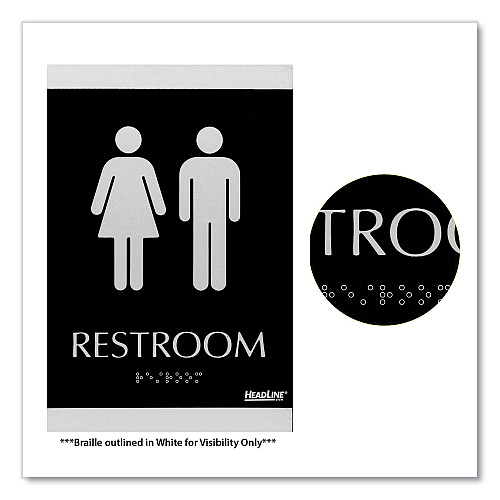 Headline Century Series Office Sign, Men/Women Restroom, 6 x 9, Black/Silver (4249)