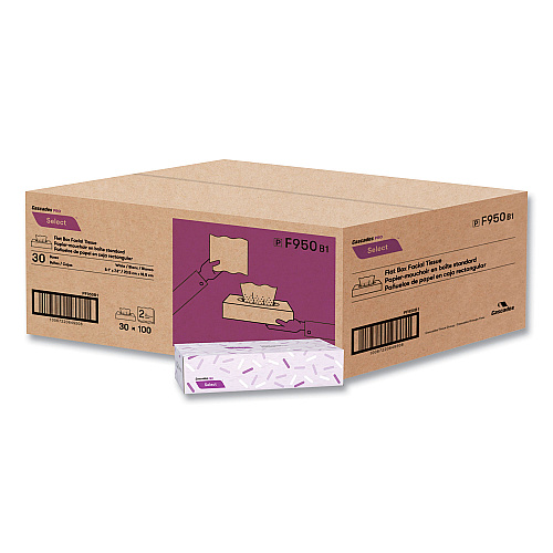 Cascades Select Flat Box Facial Tissue, 2-Ply, White, 100 Sheets/Box, 30 Boxes/Carton (F950)