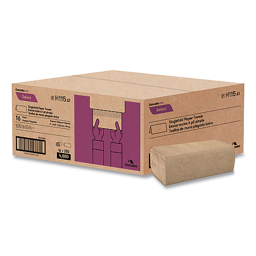 Cascades&reg; Pro Single Fold Paper Towels, 1-Ply, Brown, 4000 Towels (H115)
