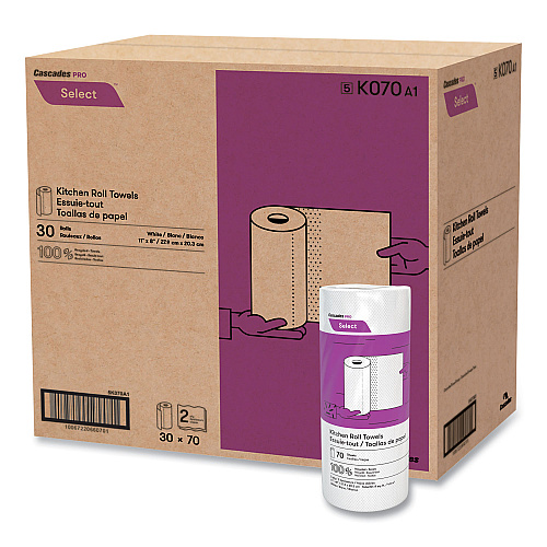 Cascades Select Perforated Kitchen Roll Towels, 2-Ply, 8 x 11, White, 70/Roll, 30 Rolls/Carton (K070)