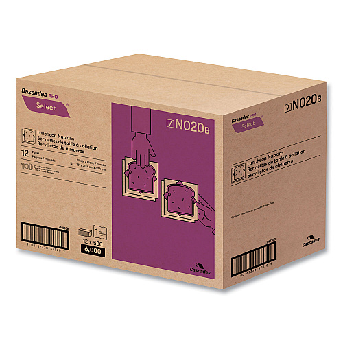 Cascades Select Luncheon Napkins, 1 Ply, 12 x 12, White, 500/Pack, 6,000/Carton (N020)