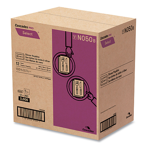 Cascades Select Dinner Napkins, 1-Ply, White, 15.5 x 16, 250/Pack, 12/Carton (N050)