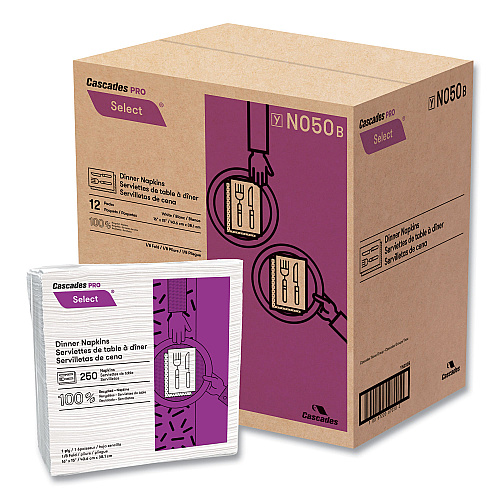 Cascades Select Dinner Napkins, 1-Ply, White, 15.5 x 16, 250/Pack, 12/Carton (N050)