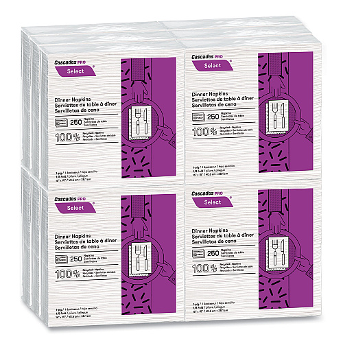 Cascades Select Dinner Napkins, 1-Ply, White, 15.5 x 16, 250/Pack, 12/Carton (N050)