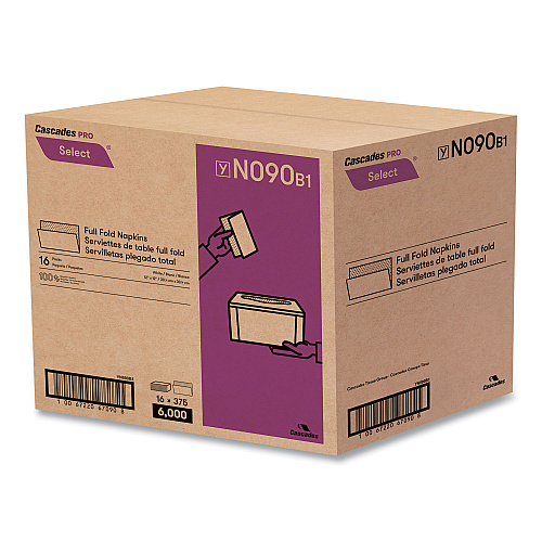 Cascades Select Full Fold II Napkins, 1-Ply, 12 x 12, White, 375/Pack, 24/Carton (N090)