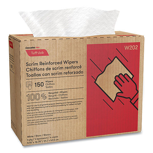 Cascades Tuff-Job Scrim Reinforced Wipers, 4-Ply, 9.75 x 16.75, White, 150/Box, 6 Box/Carton (W202)