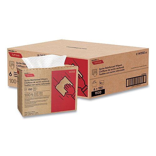 Cascades Tuff-Job Scrim Reinforced Wipers, 4-Ply, 9.75 x 16.75, White, 150/Box, 6 Box/Carton (W202)