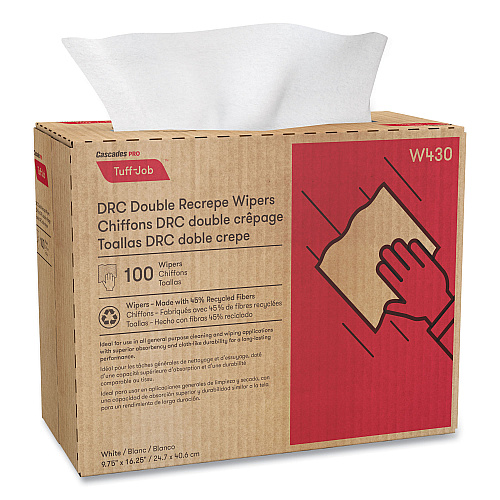 Cascades Tuff-Job Double Recrepe Wipers, 9.75 x 16.5, White, 100/Box, 8 Box/Carton (W430)