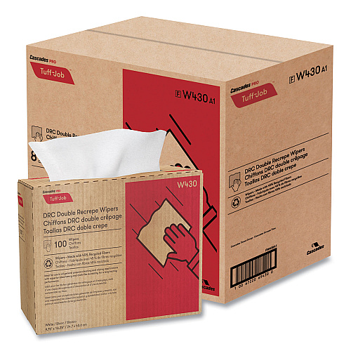 Cascades Tuff-Job Double Recrepe Wipers, 9.75 x 16.5, White, 100/Box, 8 Box/Carton (W430)
