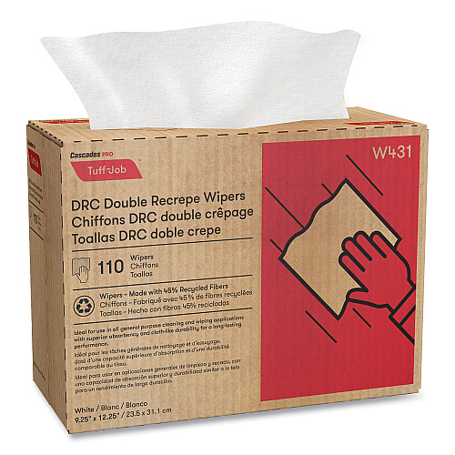 Cascades Tuff-Job Double Recrepe Wipers, 9.25 x 12.5, White, 110/Box, 12 Boxes/Carton (W431)