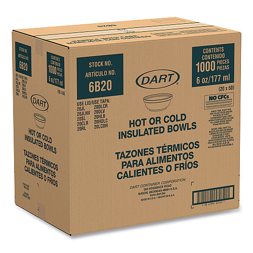 Dart Insulated Foam Bowls, 6 oz, White, 50/Pack, 20 Packs/Carton (6B20)