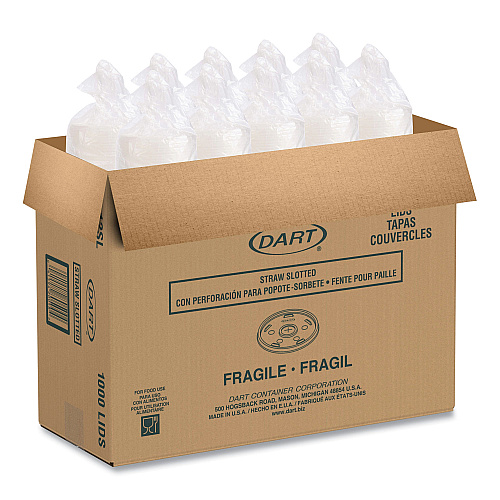 Dart Plastic Lids for Foam Cups, Bowls and Containers, Flat with Straw Slot, Fits 6-14 oz, Translucent, 100/Pack, 10 Packs/Carton (12SL)