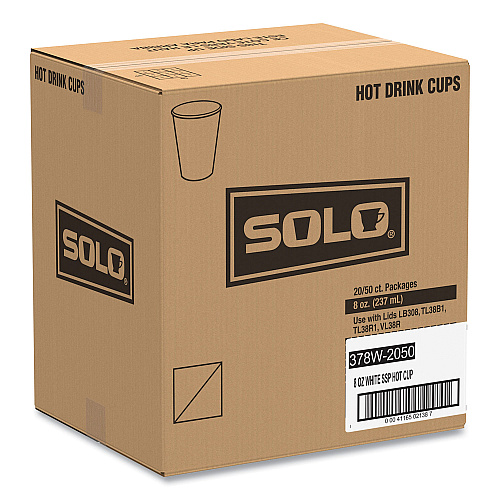 SOLO Single-Sided Poly Paper Hot Cups, 8 oz, White, 50/Bag, 20 Bags/Carton (378W2050)