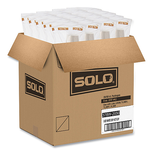 SOLO Single-Sided Poly Paper Hot Cups, 8 oz, White, 50/Bag, 20 Bags/Carton (378W2050)