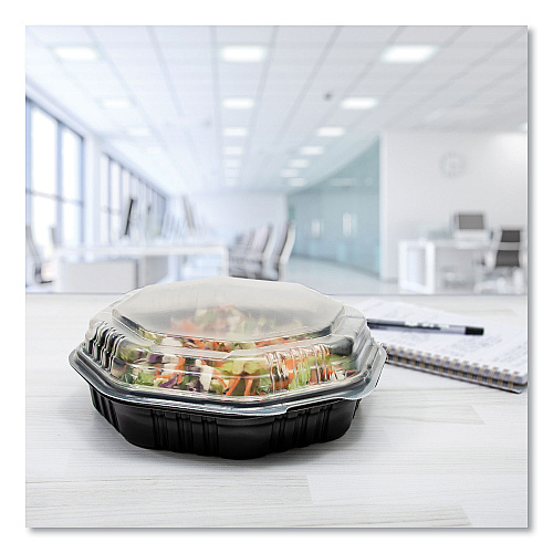 SOLO OctaView Hinged-Lid Hot Food Containers, 31 oz, 9.55 x 9.1 x 3, Black/Clear, Plastic, 100/Carton (809011PP94)