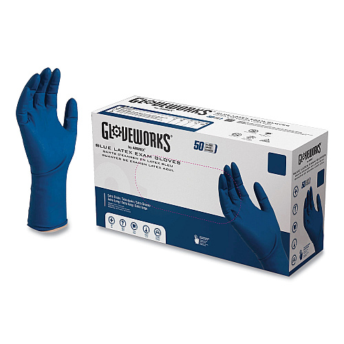 GloveWorks by AMMEX Blue Latex Exam Gloves, Powder-Free, Large, 50 Gloves/Box, 10 Boxes/Carton (GPLHD86100)
