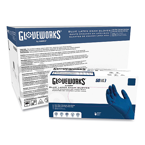 GloveWorks by AMMEX Latex Exam Gloves, Powder-Free, X-Large, Blue, 50 Gloves/Box, 10 Boxes/Carton (GPLHD88100)