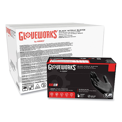 GloveWorks by AMMEX Industrial Nitrile Gloves, Powder-Free, 5 mil, X-Large, Black, 100 Gloves/Box, 10 Boxes/Carton (GPNB48100)