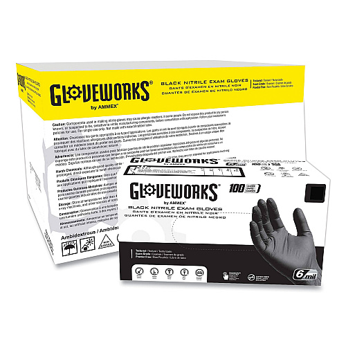 GloveWorks by AMMEX Nitrile Exam Gloves, Powder-Free, 6 mil, Small, Black, 100 Gloves/Box, 10/Carton (GWBEN42100)