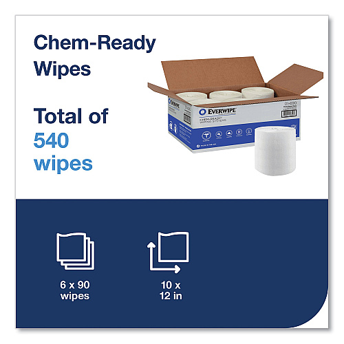 Everwipe&reg; Chem-Ready Dry Wipes, 1-Ply, White, 90 Wipes, 6 Rolls (192808)