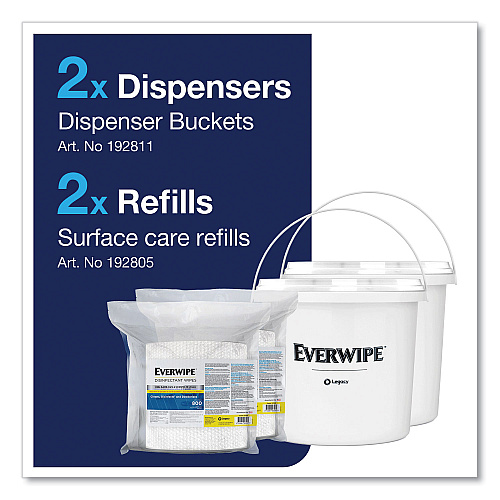 Everwipe Disinfectant Wipes, 1-Ply, 8 x 6, Lemon, White, 800/Dispenser Bucket, 2 Buckets/Carton (192806)