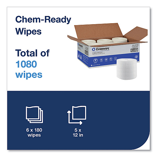 Everwipe&reg; Chem-Ready Dry Wipes, White, 180 Wipes, 6 Rolls (192807)
