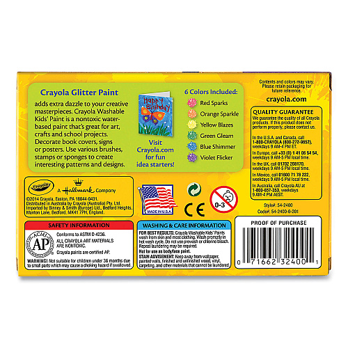 Crayola Washable Paint, 6 Assorted Classic Colors, 2 oz Bottle, 6/Pack (542400)
