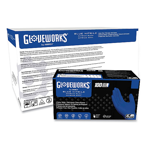 GloveWorks by AMMEX Heavy-Duty Industrial Nitrile Gloves, Powder-Free, Medium, 6 mil Thick, 9.5" Long, Royal Blue, 100/Box, 10 Boxes/Carton (GWRBN44100)
