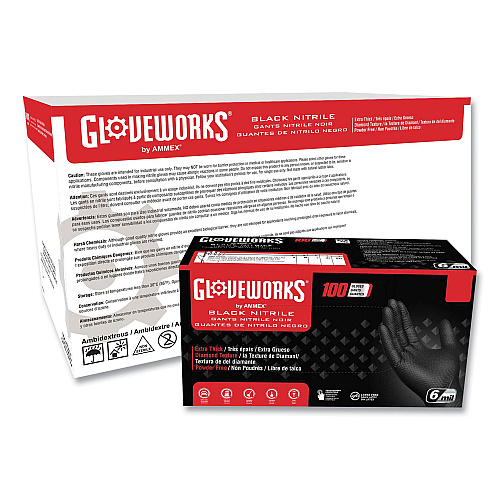 GloveWorks by AMMEX Heavy-Duty Industrial Nitrile Gloves, Powder-Free, 6 mil, X-Large, Black, 100 Gloves/Box, 10 Boxes/Carton (GWBN48100)